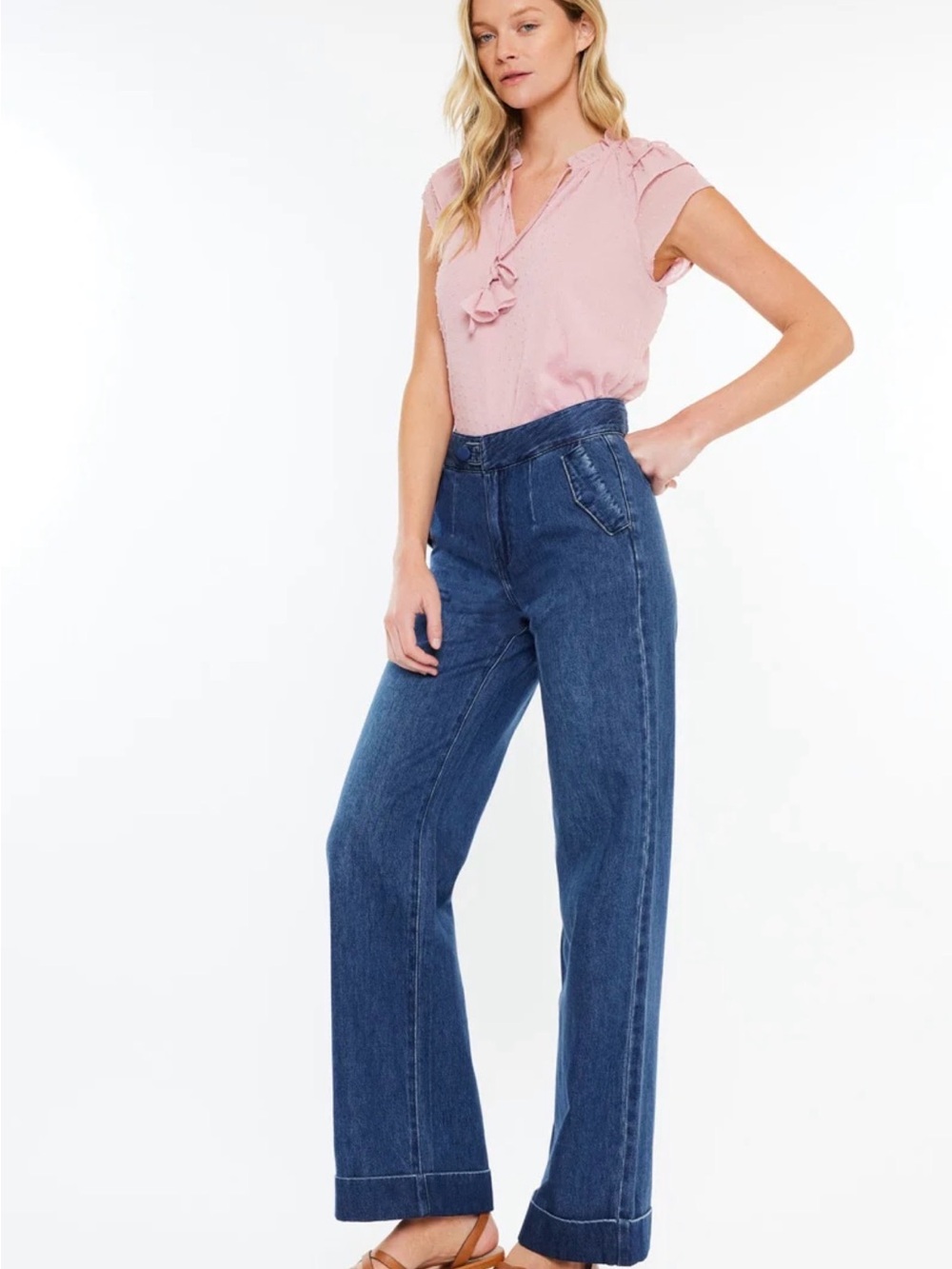 KanCan Dark Blue High-Waist Wide-Leg Jeans with Adorable Button Pocket Detailing